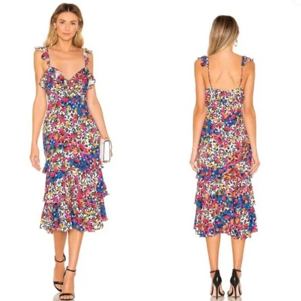 Majorelle Nolita Ruffle Floral Midi Dress in Patchwork Multi